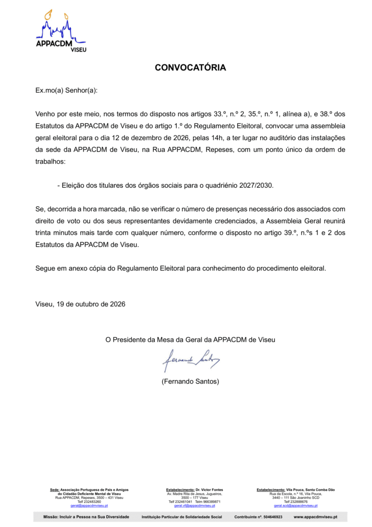 Convocatória para Assembleia Geral Eleitoral dia 12 de dezembro